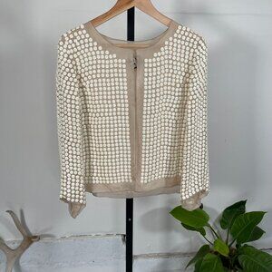 Haute Hippie Cream Beige Silk Beaded Blazer Jacket Hook & Eye Front Boho Size M